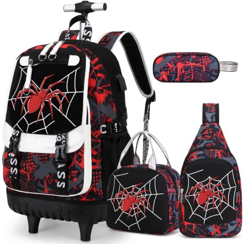Bevalsa Rolling Backpack for Boys, Roller Backpack with Wheels, Wheeled School Bag with Sling Bag, Lunch Box & Pen Case for Kids Children Teens Elementary Middle Student Glow In The Dark - color: Spider
