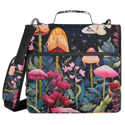 Butterflies Mushrooms Zipper Binder with Shoulder Strap & Handle for Easy Carry, 1.5 Inch 3-Ring Binder for School, Expansion Panel and Expanding File