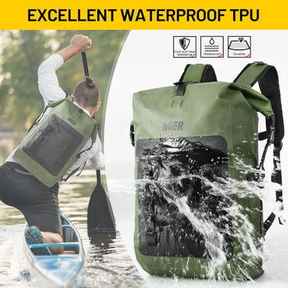MIER Roll Top Waterproof Backpack Floating Dry Bag for Men Women | Heavy Duty Dry Sack, Cushioned Back, Multi-Pockets, Adjustable Chest Strap,For Kayaking Beach Boating Swimming Hiking Travel - color: Army Green/Black