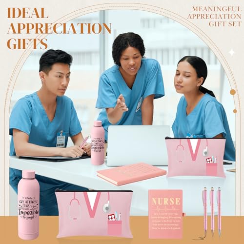 6 Pcs Nurse Gifts Set for Women Men, Rn Appreciation Thank You Gift for Nurses Week Graduation Birthday, 16oz Vacuum Insulated Water Bottle, Makeup Bag, Notebook, Ballpoint Pens(Pink) - color: Pink