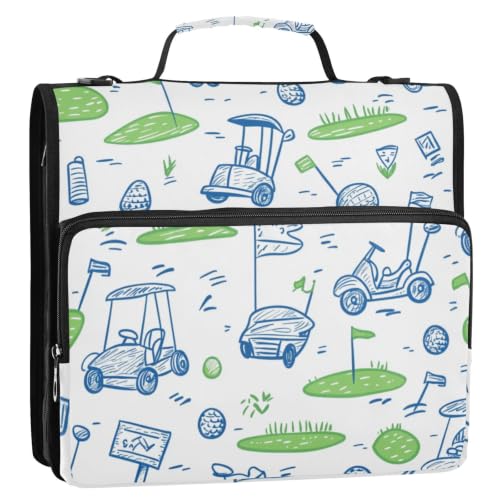 Golf 3 Ring Zipper Binder Bag with Shoulder Strap for School | 2 Inch 3 Ring, Secure Zippered Closure, Organizer Pockets for Classification, Heavy Duty File Organizer - color: Golf Cart Green