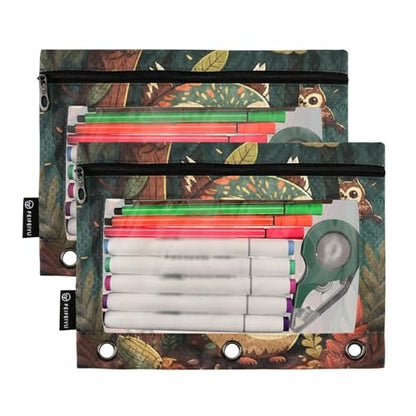 ZAZYXTJ Cute Owl Binder Pencil Pouchs 3 Ring with Zipper Clear Window Office Organizers bag for School Students Teacher Supplies 2 Pack - color: Owl