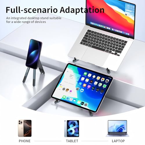 Portable Laptop Stand for Desk, 3-in-1 Adjustable Holder for MacBook, 8-Level Height & Angle, Aluminum Alloy Desktop Stand, Compatible with 4-13” iPhone, 10-16” Laptops & Tablets(Gray) - color: gray