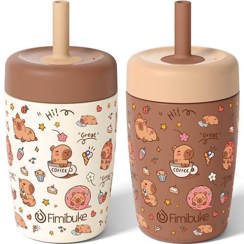 Fimibuke Kids & Toddler Cups Spill Proof, 12 OZ Capybara Insulated Sippy Cups for Toddlers Boys Girls, Toddler Straw Tumbler, Stainless Steel Kids Water Bottle with Twist Lids & Silicone Straw, 2 Pack - color: Beige & Brown Capybara