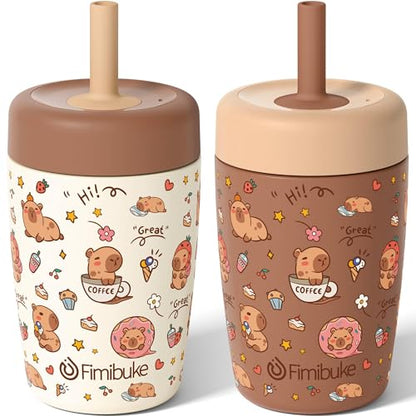 Fimibuke Kids & Toddler Cups Spill Proof, 12 OZ Capybara Insulated Sippy Cups for Toddlers Boys Girls, Toddler Straw Tumbler, Stainless Steel Kids Water Bottle with Twist Lids & Silicone Straw, 2 Pack - color: Beige & Brown Capybara
