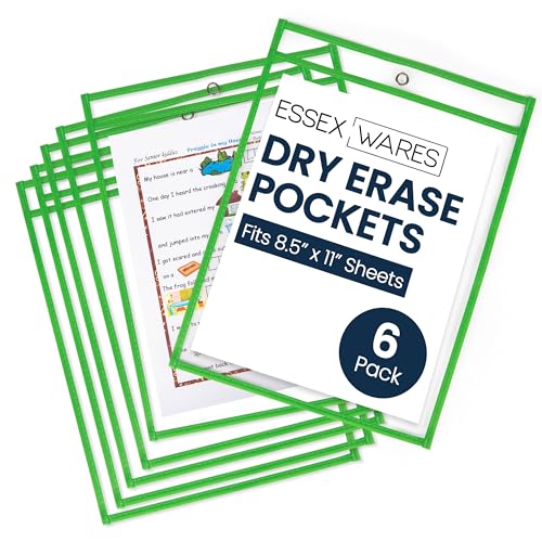 Essex Wares - 6 Pack, Green, Dry Erase Pocket Document Protectors, 10" Wide x 13.5" Tall - Dry Erase Clear Plastic Sleeves - Reusable & Easy Erase Plastic Invoice Holders, Water-Resistant & Durable - color: Green