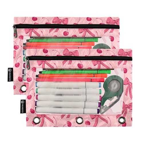 Pink Bow Cherry Pencil Pouch for 3 Ring Binder 2 Pack Zipper Binder Pencil Bag with Clear Window Pencil Case for Office Supplies - color: Multi117