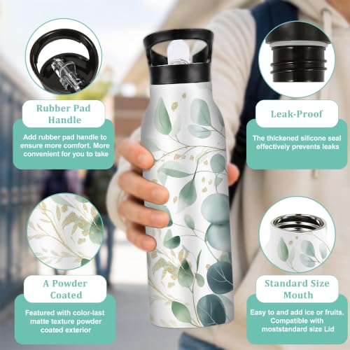 Eucalyptus Insulated Water Bottle with Straw 20 oz,Gold Foil Stainless Steel Leak Resistant Double Wall Water Bottles with Handle for Gym Sports Travel Outdoor - color: Eucalyptus,Gold Foil