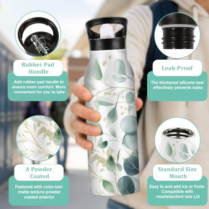 Eucalyptus Insulated Water Bottle with Straw 20 oz,Gold Foil Stainless Steel Leak Resistant Double Wall Water Bottles with Handle for Gym Sports Travel Outdoor - color: Eucalyptus,Gold Foil