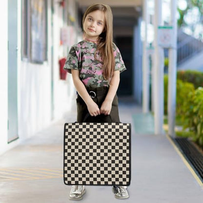 Beige Black Checkered Binder Bag 3 Ring Zipper Binders with Shoulder Strap for School Office Organizer Storage - color: Q001