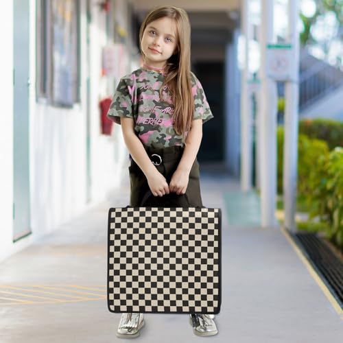 Beige Black Checkered Binder Bag 3 Ring Zipper Binders with Shoulder Strap for School Office Organizer Storage - color: Q001
