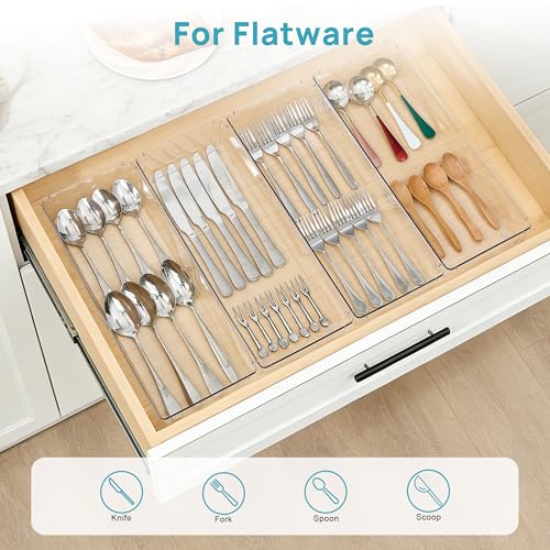 Vtopmart 4 Pack 15" X 6" Kitchen Drawer Organizers, Clear Plastic Drawer Organizer Tray, Storage Bins for Flatware, Silverware, Utensil, Cutlery