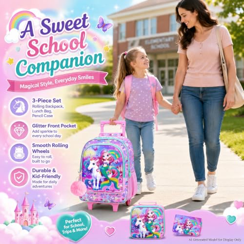 AGSDON 3PCS Kids Rolling Backpack, Girls Roller Wheels Bookbag, Wheeled Elementary School Bag with Lunch Bag - Mermaid - color: Fish Uni Rainbow Roller