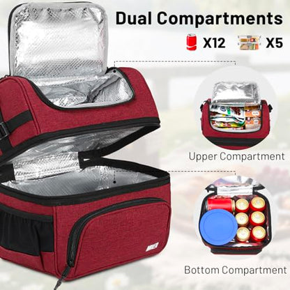 MIER Dual Compartment Lunch Bag Tote with Shoulder Strap for Men and Women Insulated Leakproof Cooler Bag, Dark Red - color: Dark Red