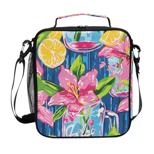 ALAZA Lily Pulitzer Mason Jars Lunch Box Insulated Lunch Bag Kids Cooler Tote Bag Freezable Shoulder Strap Lunchbox for Girls School Picnic - color: Multi888