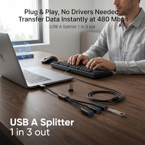 USB Splitter 1 in 3 Out, USB A Splitter Adapter, 2025 Upgraded USB 2.0 Male to 3 Female Y Extension Hub Cable for PC/Laptop/Xbox/Flash Drive/Mouse/Keyboard(Black)