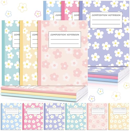 Harloon 6 Pack Composition Notebooks Wide Ruled Bulk Cute Pink Composition Notebook 110 Page 7-1/2" x 9-3/4" Colorful Flower Journal Back to School Gift for Teacher Student Office First Day of School - style: Flower