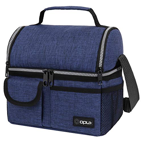 opux Insulated Lunch Bag Women Men, Dual Compartment Leakproof Lunch Box Adults Kids, Double Decker Meal Prep Bento Lunch Cooler Tote with Shoulder Strap for Work Office School Travel, Navy Blue - color: Heather Navy