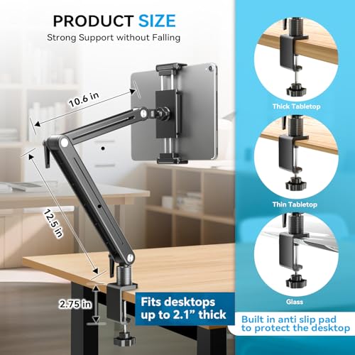 Jakeko Adjustable Portable Monitor Stand 15.6" - 360° Rotating Base Tall Tablet Desk Arm Holder Stand for iPad Air/Pro/Mini Swivel Flexible Clamp Mount Soporte para Tablet/Monitor Portatil/Ereader - size: up to 18.5"