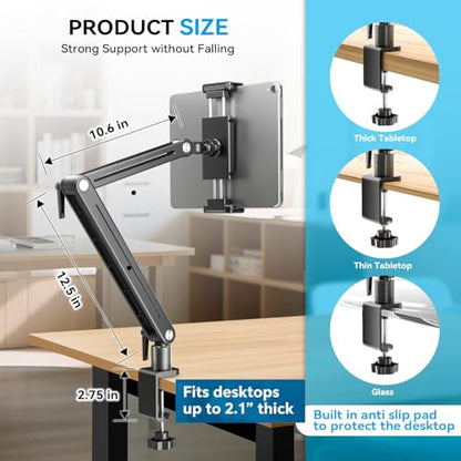 Jakeko Adjustable Portable Monitor Stand 15.6" - 360° Rotating Base Tall Tablet Desk Arm Holder Stand for iPad Air/Pro/Mini Swivel Flexible Clamp Mount Soporte para Tablet/Monitor Portatil/Ereader - size: up to 18.5"