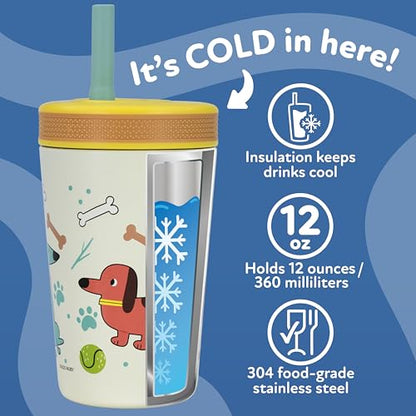 Nuby Thirsty Kids Insulated Toddler Cup with Silicone Flexstraw - 12 oz - Stainless Steel and Leak-Resistant - 18+ Months - Dogs - color: Dogs