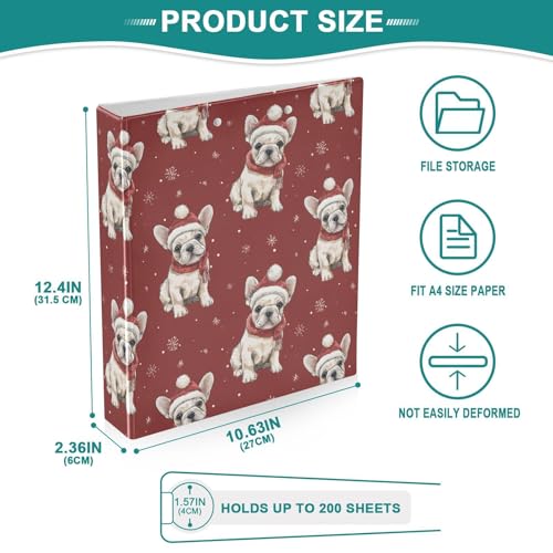 Fustylead Xmas Bulldog Puppy Wear Red Hat and Scarf 3 Ring Binder, D-Rings 1.5" Hardcover Folder, Fits 200 Sheets of A4 Paper, Durable Clipboard & Clean View with Inside Pockets for School Home Office - size: 12.4x10.63x2.36 Inch-1 Pack