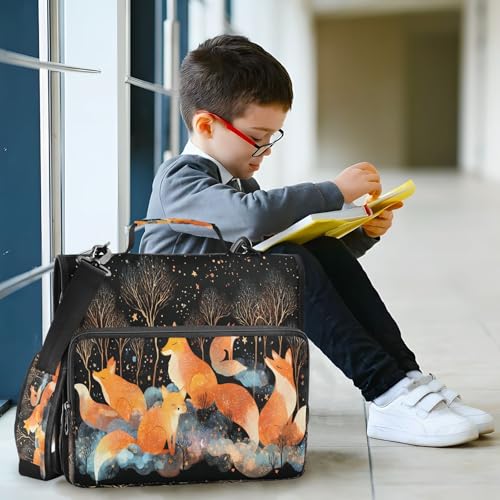 School Zipper Binder Forest Fox Decor Trapper Keeper 3 Ring Binder Bag Multiple Pockets & Storage Organizer, 500 Sheet Capacity with Shoulder Strap
