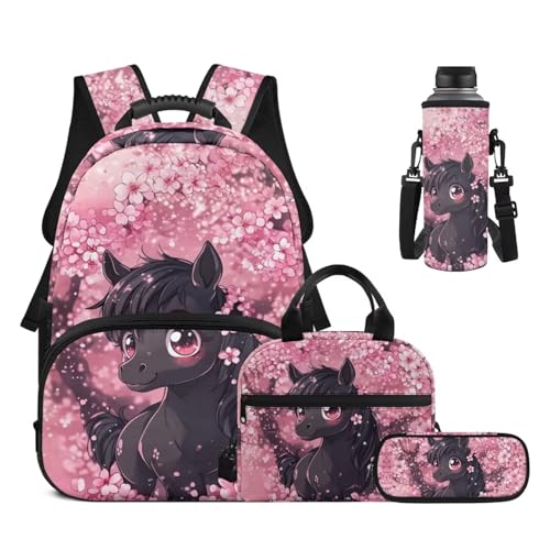 17 Inch Kid's 4PCS Backpack Set, Back to School Essentials | Insulated lunch box, water bottle pouch, pencil case, lightweight, padded shoulder straps, for elementary, middle school - color: Cute Horse