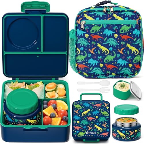 Fimibuke Bento lunch Box Set for Kids Adult with 8oz Insulated Food Jar, Lunch Bag & Sauce Cup, Leakproof Dishwasher Safe Toddler Lunch Food Container with 3-4 Compartment for School Girls Boys - color: A2.Jungle Dinosaurs