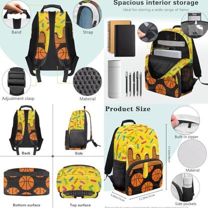 Ice Cream Basketball Print 3PCS Backpack Set with Lunch Bag Pencil Case for Girls Kids, 3 in 1 Lightweight 17 Inch Bookbag Backpacks for Middle High School Students - color: Ice Cream Basketball Print