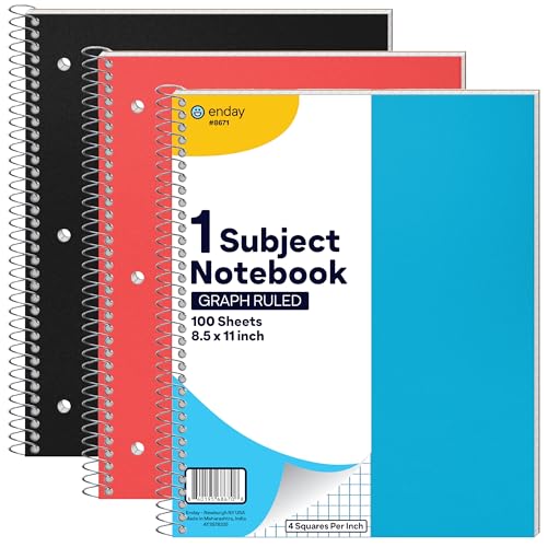 Enday Graph Paper Notebook 8.5 x 11 with Plastic Cover (3 Pack) Blue, Red, and Black Grid Notebook, Graph paper spiral notebook, 4 Squares per inch Grid paper notebook, White Paper Quad Ruled Spiral - color: Red-Black-Blue