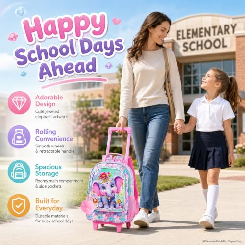 3Pcs Rolling Backpack for Girls, Kids Roller School Backpack with Wheels, Elephant Wheeled Bookbag for Elementary Preschool Kindergarten(Pink) - color: Elephant Pink