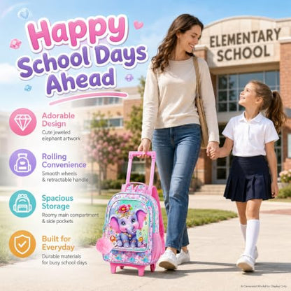 3Pcs Rolling Backpack for Girls, Kids Roller School Backpack with Wheels, Elephant Wheeled Bookbag for Elementary Preschool Kindergarten(Pink) - color: Elephant Pink