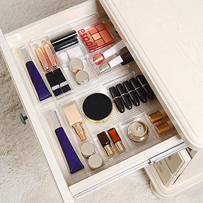 Oubonun Expandable Drawer Organizer 11.1” to 19.2” Width, Shallow Cosmetic Organizer 1.3” Height, 4 Packs, Clear Plastic Storage Trays for Dressing Table,Bathroom - style: Shallow 4 Packs
