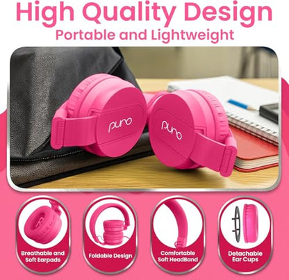 Puro Sound Labs Kids Wired Headphones – Volume-Limiting & Adjustable, Safer & Comfortable Headphones for Kids – Compatible with PCs, Smartphones & Tablets, Ideal for School & Travel – PuroBasic, Pink - color: Pink