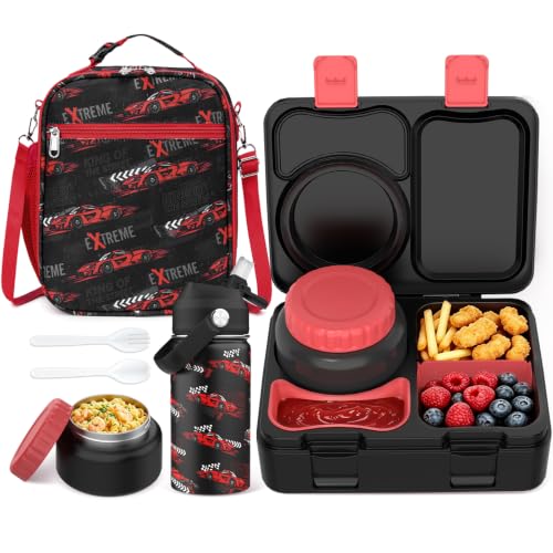 Bento Lunch Box for Kids Adult, Leakproof 3-4 Compartment Bento Box Set with Insulated Food Jar,Water Bottle, Lunch Bag, School Lunch Container for Toddler Teen Girls Boys Ages 3+(Racing Car) - color: Racing Car