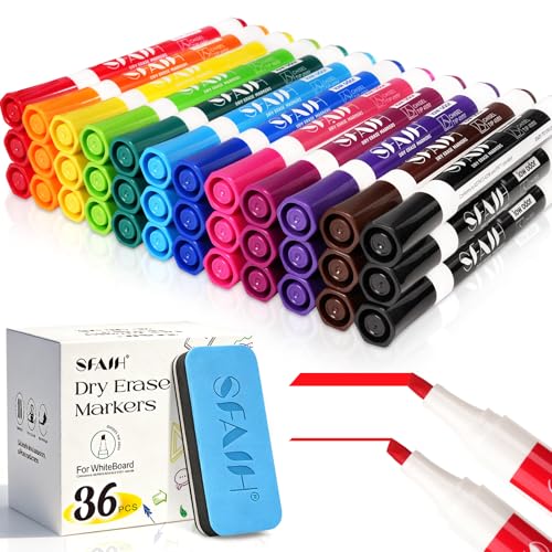 SFAIH Dry Erase Markers Chisel Tip with Magnetic Whiteboard Eraser, 36 Bulk 12 Colors White Board Markers for Teachers, Versatile Lines, 1s Quickly Dry, Essential Supplies for Office Teacher - color: 12 Colors