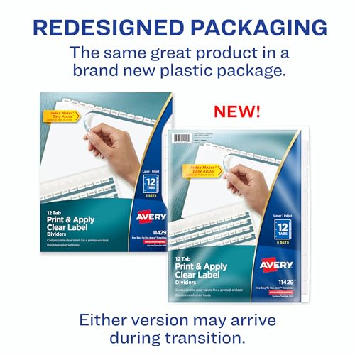 Avery 12-Tab Binder Dividers, Easy Print & Apply Clear Label Strip, Index Maker, White Tabs, 30 Sets Total (6 Packs of 11429)