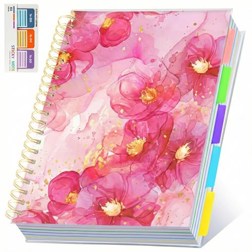 5 Subject Notebook for Work with Removable Dividers Tabs, Large 8.5" x 11 Spiral Lined Notebooks for School Note Taking & Organizer, A4 240 Pages College Ruled Journal for Women & Writing, Pink Floral - color: Pink floral