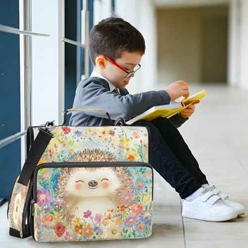 Watercolor Flower Hedgehog Zipper Binder 3 Ring with Handle and Shoulder Strap, 500 Sheet Binder Organizer Capacity & Multi-Pockets for School Office - color: A3593