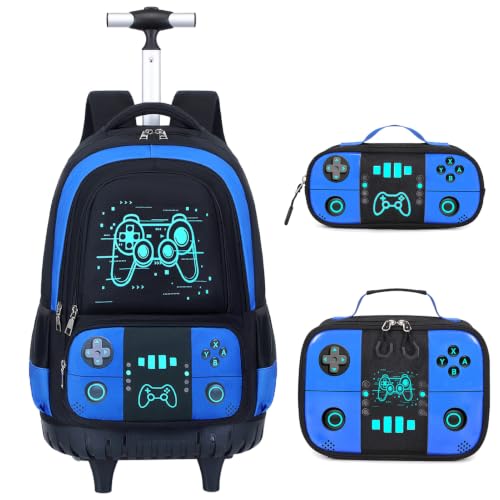 Bevalsa Rolling Backpack for Boys,Cool Luminous Gamer Roller School Backpacks with Lunch Box & Pencil Case,Kids Wheeled Schoolbag Bookbag with Wheels for Kindergarten Elementary School Travel - color: Blue Game