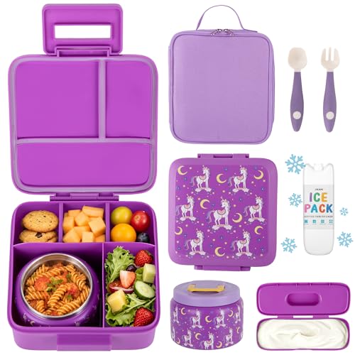 JXXM Bento Lunch Box for Kids With 8oz Soup thermo,Leak-proof Lunch Containers with 5 Compartment,thermo Food Jar and Lunch Bag, Food Containers for School (Purple Unicorn) - color: Purple Unicorn