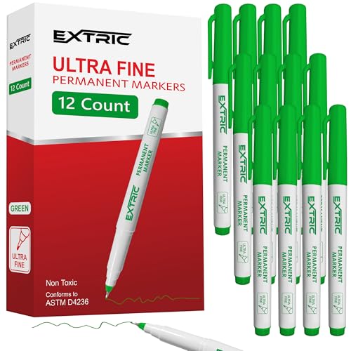 EXTRIC Permanent Markers Ultra Fine Tip, Green, 12 Pack, Quick Drying, Waterproof, Fade Resistant Artist Markers for Wood, Plastic, Metal, Paper & More, Fine Line Drawing, Coloring - color: Green