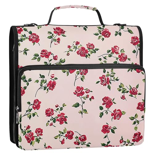 Pink Rose1 Zipper Binder 3 Ring 1.5 Inch School Binder Organizer with Shoulder Strap Handle File Folder Pockets Large Capacity Students Girl Boy Men Office Work - color: Pink Rose1