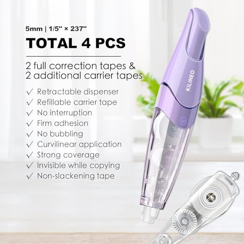 Refillable Retractable White Correction Tape, Pen Shaped White Smooth Pull Out Japanese Aesthetic Cute Correction Tape for Office Supplies, 4 PCS (ZH-87)