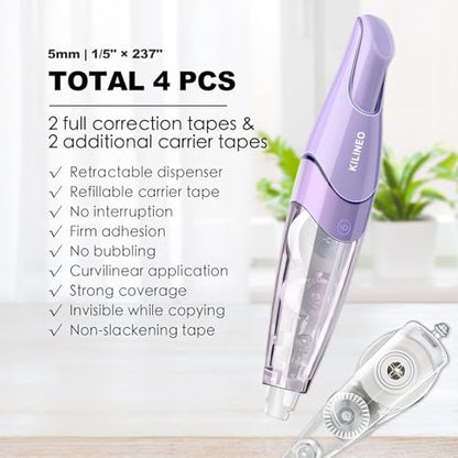 Refillable Retractable White Correction Tape, Pen Shaped White Smooth Pull Out Japanese Aesthetic Cute Correction Tape for Office Supplies, 4 PCS (ZH-87)