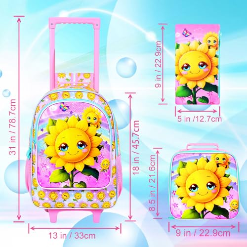KLFVB Girls Bookbag with Wheels, 3PCS Kids Roller Backpack with Lunch Bag, Wheeled School Bag for Children - Smiling Sunflower - color: UV Printing Sunflower Pink Rolling Backpack