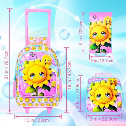 KLFVB Girls Bookbag with Wheels, 3PCS Kids Roller Backpack with Lunch Bag, Wheeled School Bag for Children - Smiling Sunflower - color: UV Printing Sunflower Pink Rolling Backpack
