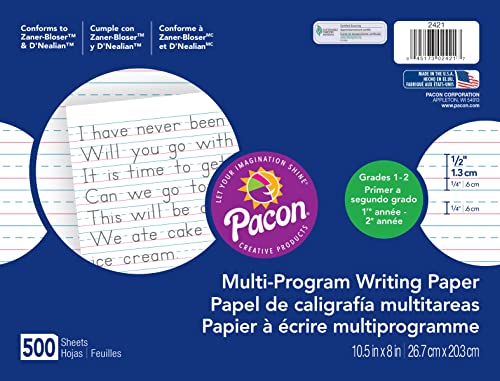 Pacon 2421 Multi-Program Handwriting Paper, 1/2-Inch Long Rule, 10-1/2 x 8, White, 500 Shts/Pk - size: 10 1/2" x 8" (Pack of 1), style: Grades 1 & 2