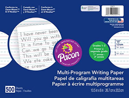 Pacon 2421 Multi-Program Handwriting Paper, 1/2-Inch Long Rule, 10-1/2 x 8, White, 500 Shts/Pk - size: 10 1/2" x 8" (Pack of 1), style: Grades 1 & 2